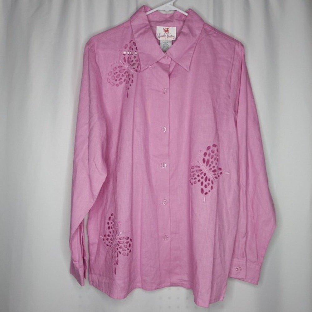 Quacker Factory Button Top Women Large Linen Blend Butterfly Cutout Sequin Fairy